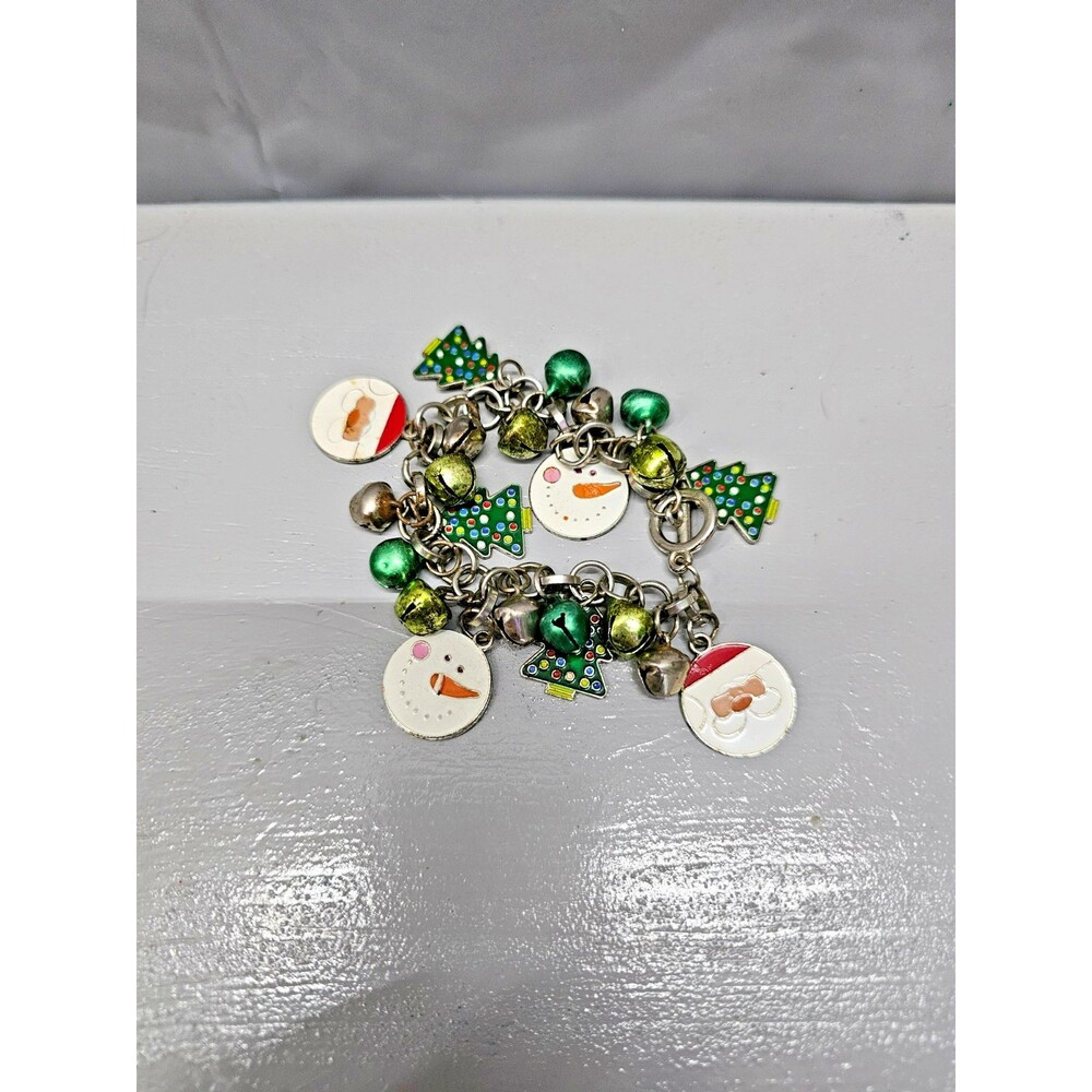 Christmas Charm Bracelet Jingle Bells Santa Snowman Tree Toggle Silver Tone